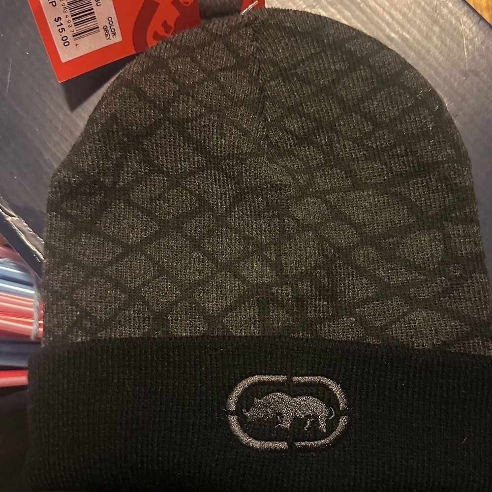 Ecko Unltd Mens Beanie Hat Grey Black Rhino Logo Cuffed Knit Cap B-KH14076STBU